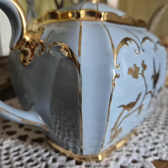 RARE 1930s Sadler Cube Teapot from England - Blue, 24KT Gold Gilding, with Birds - Picture 12 of 15